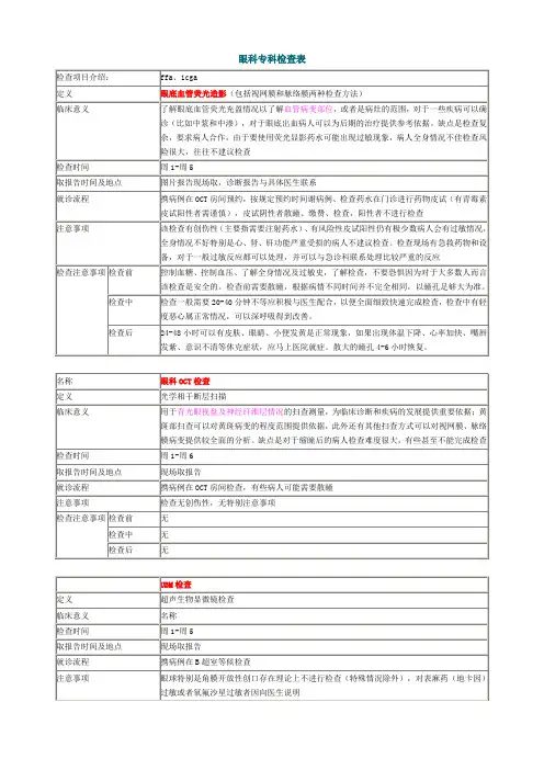 眼科专科检查表简介