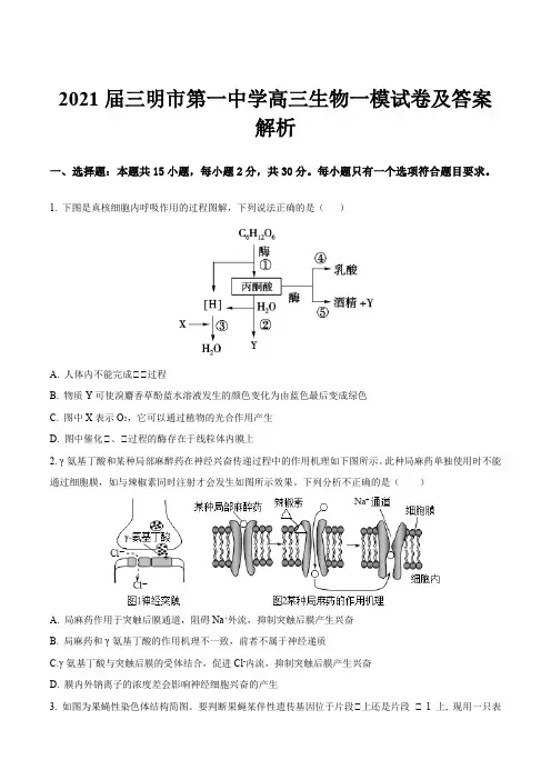 2021届三明市第一中学高三生物一模试卷及答案解析