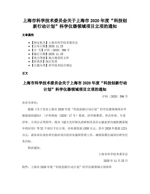 上海市科学技术委员会关于上海市2020年度“科技创新行动计划”科学仪器领域项目立项的通知