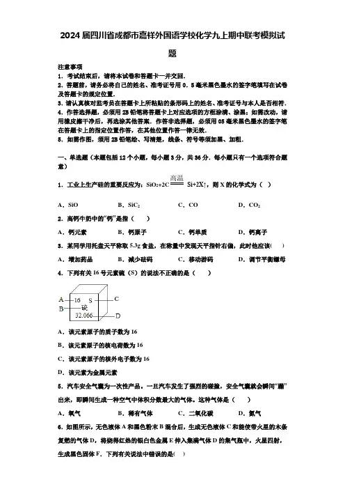 2024届四川省成都市嘉祥外国语学校化学九上期中联考模拟试题含解析