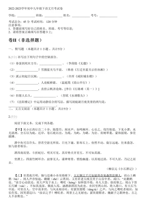 2022-2023学年初中九年级下语文部编版月考试卷(含解析)