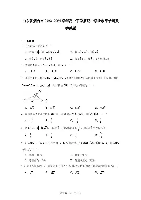山东省烟台市2023-2024学年高一下学期期中学业水平诊断数学试题