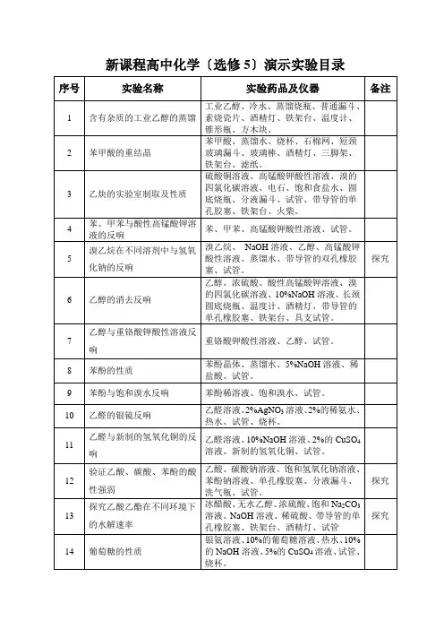 新课程高中化学(选修5)实验目录