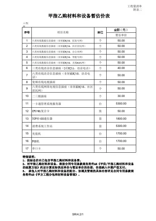 甲指乙购材料和设备暂估价表