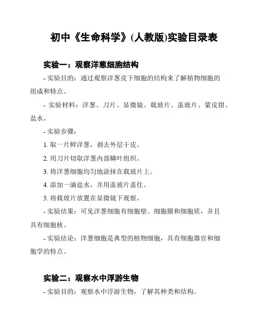 初中《生命科学》(人教版)实验目录表
