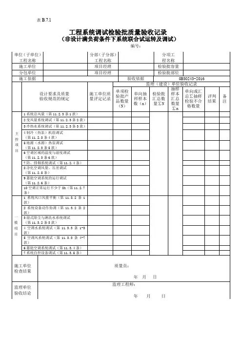 工程系统调试检验批质量验收记录(非设计满负荷条件下系统联合试运转及调试)