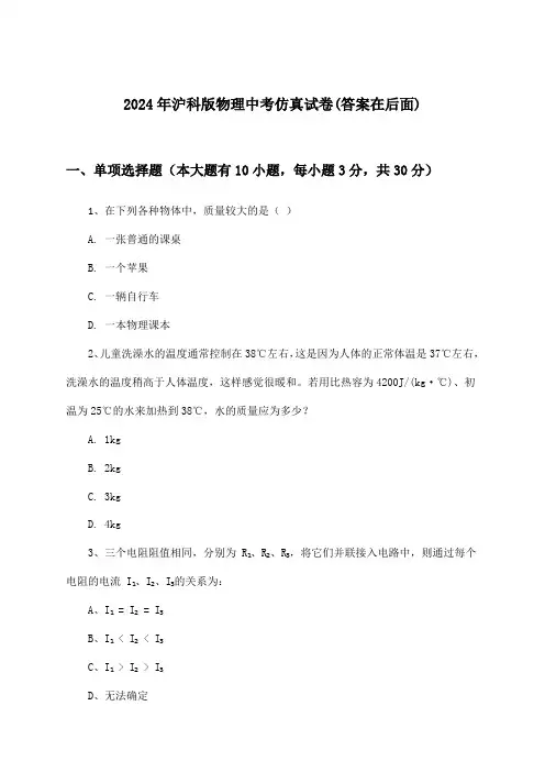 沪科版物理中考试卷及解答参考(2024年)