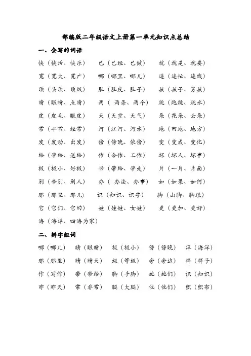 人教版二年级上语文第一、二单元知识点总结
