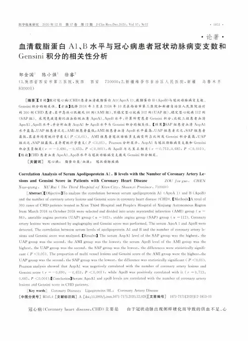 血清载脂蛋白A1、B水平与冠心病患者冠状动脉病变支数和Gensini积分的相关性分析