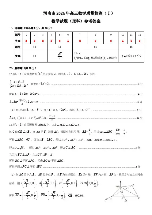 渭南市 2024 年高三教学质量检测(Ⅰ)理科数学参考答案