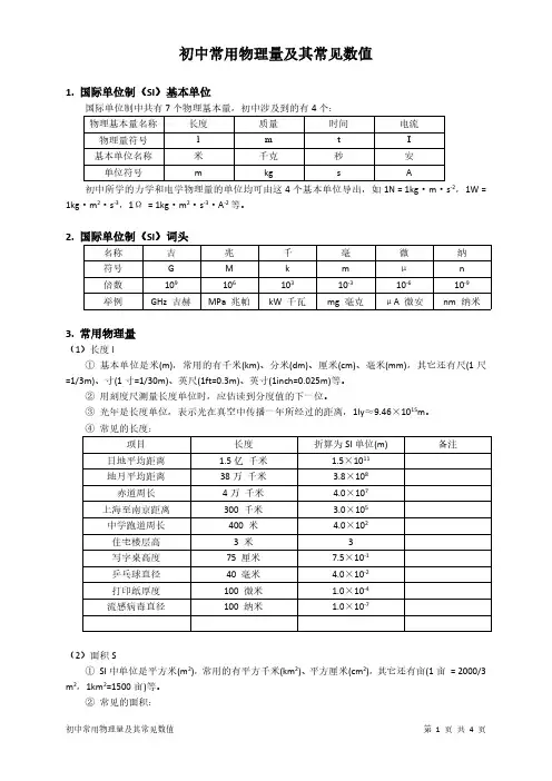 初中常用物理量及其常见数值