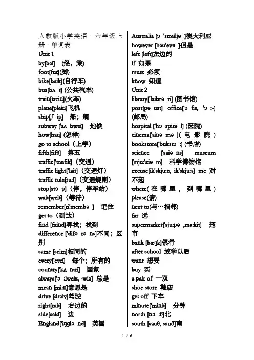 小学英语六年级上下册单词表