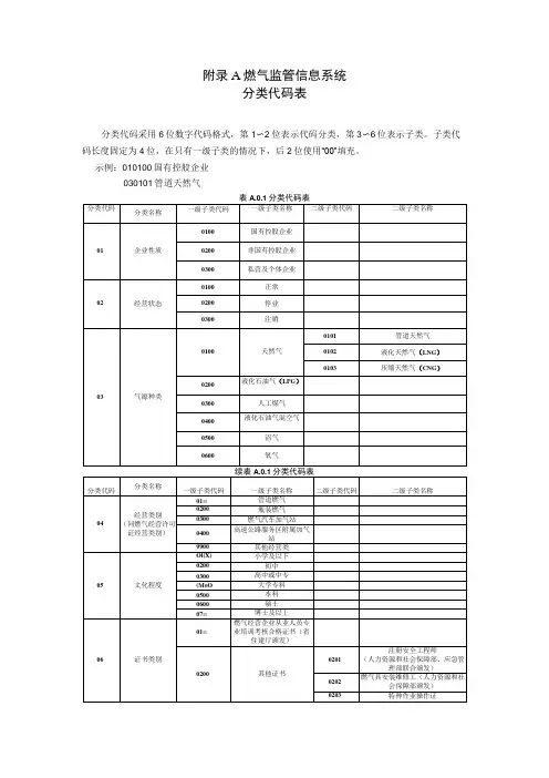 燃气监管信息系统 分类代码表、数据编码规则、数据标准