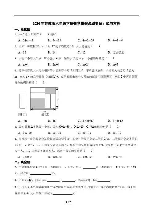 2024年苏教版六年级下册数学暑假必刷专题：式与方程(含答案)