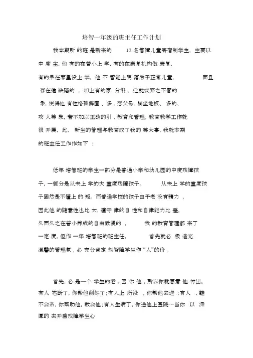 2020年培智一年级的班主任工作计划.docx