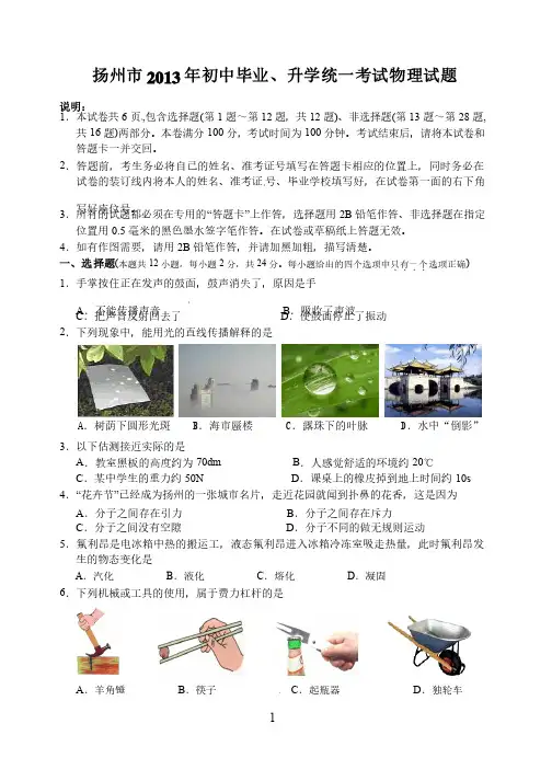 江苏省扬州市2013年中考物理试题（word版,含答案）