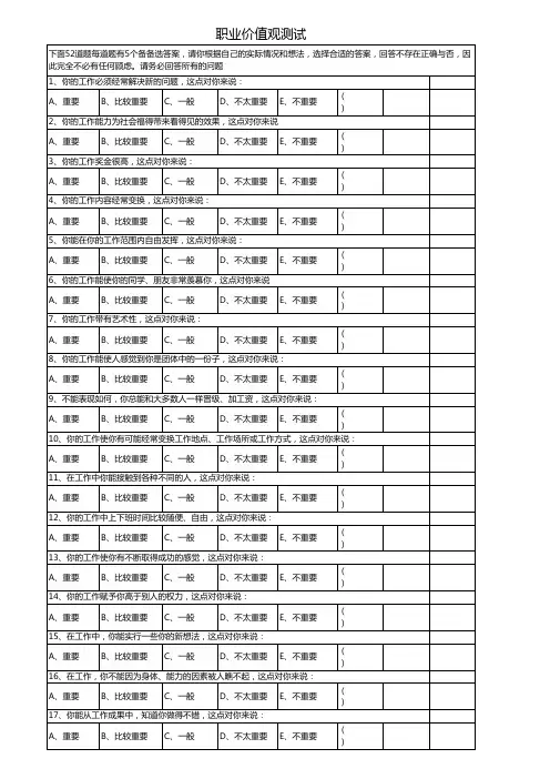 人力资源管理实用测试题职业价值观测试