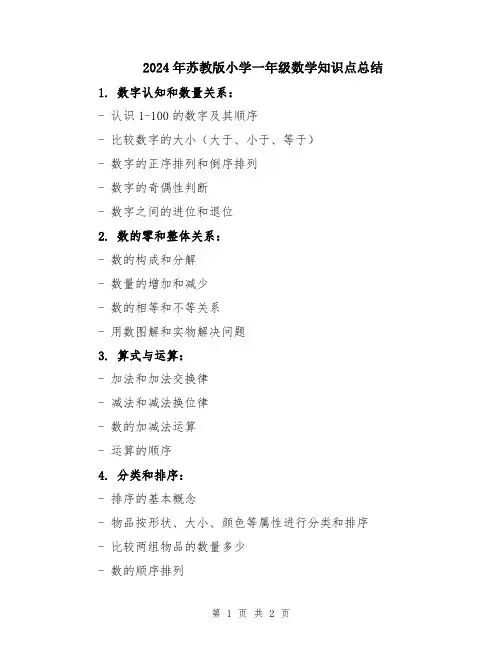 2024年苏教版小学一年级数学知识点总结