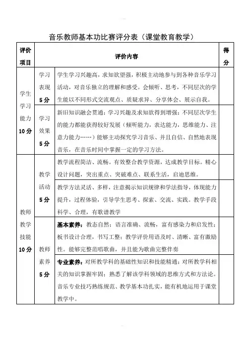 音乐教师基本功比赛专业评分表