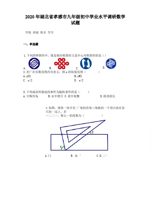 2020年湖北孝感九年级初中学业水平调研数学试题