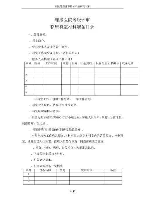 本院等级评审临床科室所需材料