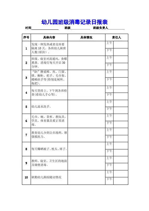 幼儿园班级消毒记录日报表