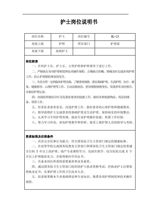 护士岗位说明书