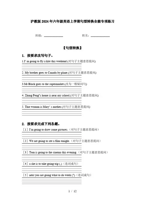 沪教版2024年六年级英语上学期句型转换全能专项练习