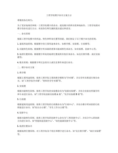 工程学院楼宇命名方案公示