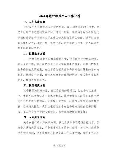2024年银行柜员个人工作计划（五篇）