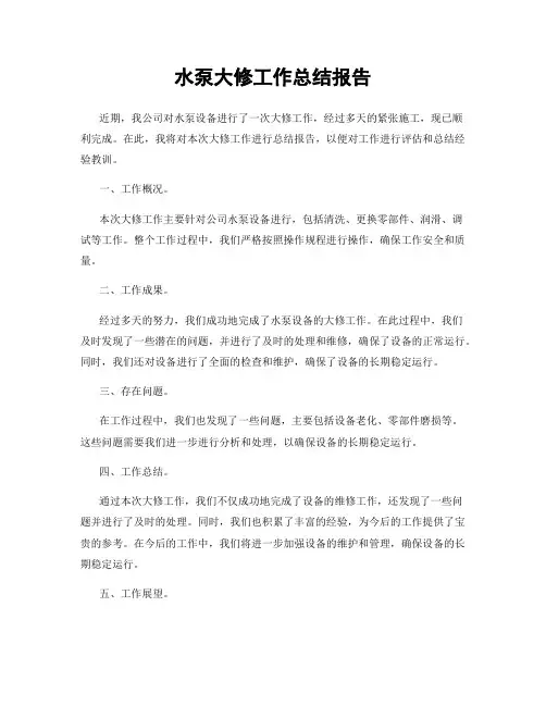 水泵大修工作总结报告