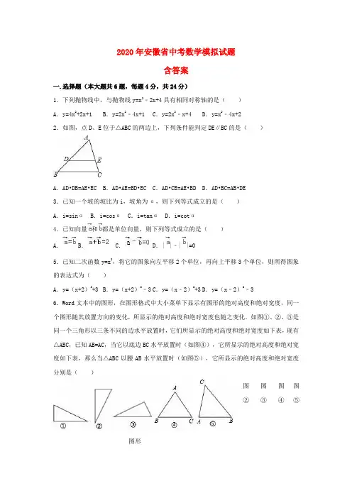 【2020年】安徽省中考数学模拟试题(含答案)