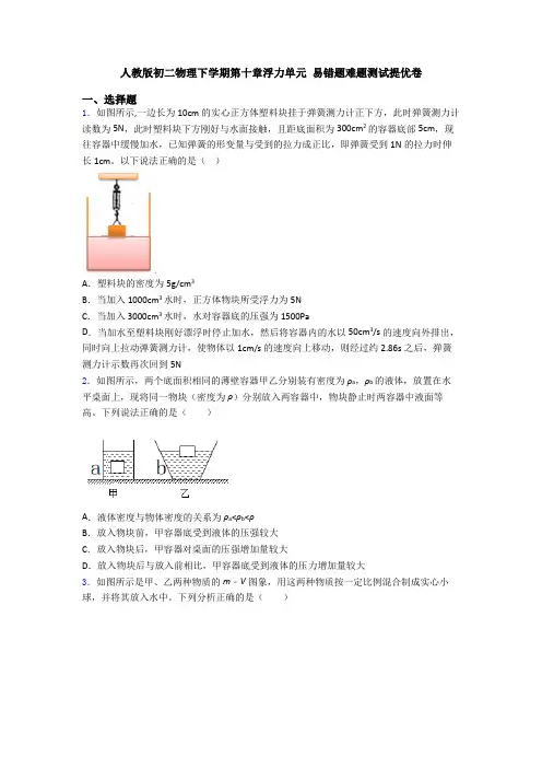 人教版初二物理下学期第十章浮力单元 易错题难题测试提优卷