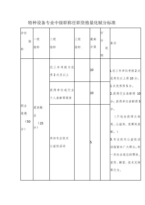 特种设备专业中级职称任职资格量化赋分标准