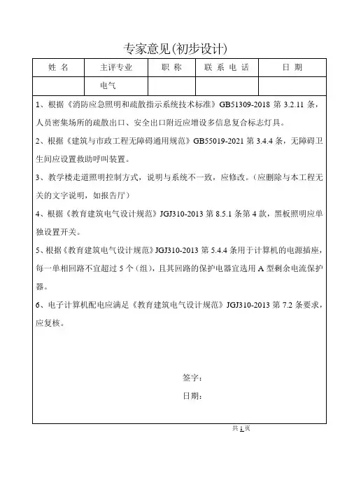 电气评审专家意见(初步设计阶段)