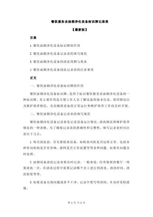 餐饮服务业油烟净化设备标识牌记录表