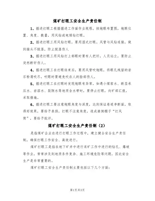煤矿打眼工安全生产责任制(3篇)