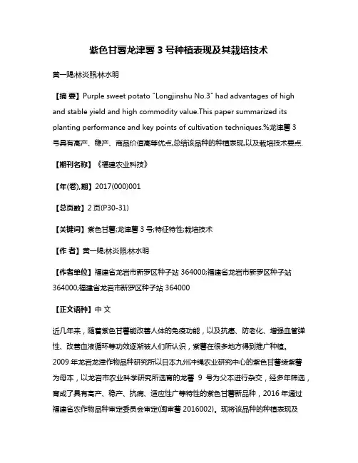 紫色甘薯龙津薯3号种植表现及其栽培技术