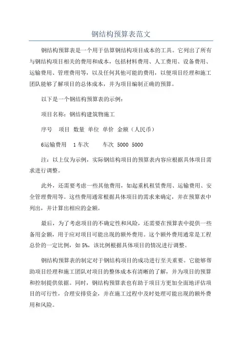 钢结构预算表范文