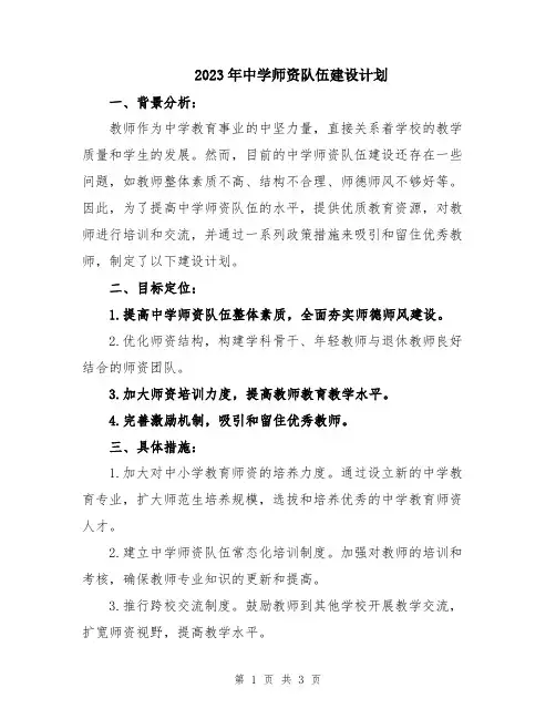 2023年中学师资队伍建设计划