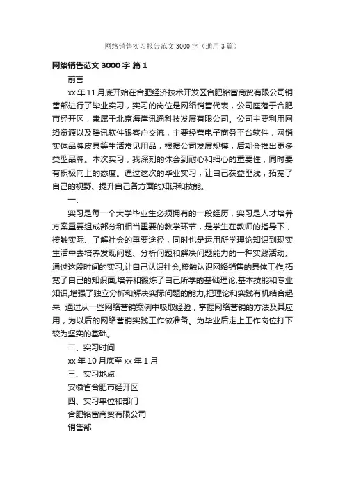 网络销售实习报告范文3000字（通用3篇）