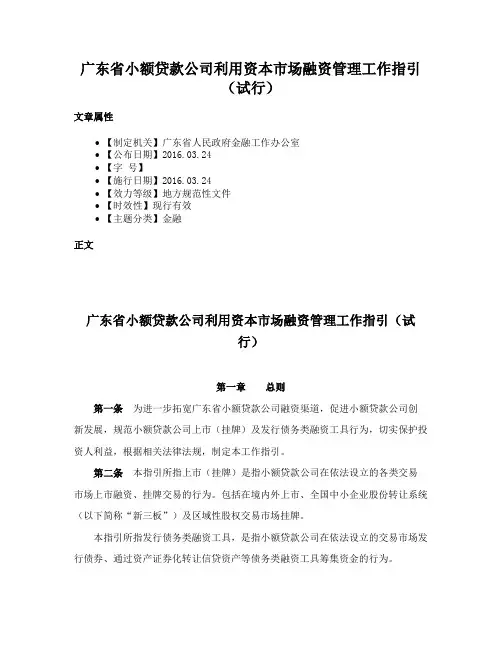 广东省小额贷款公司利用资本市场融资管理工作指引（试行）