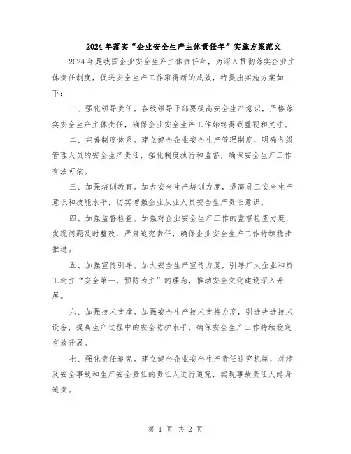 2024年落实“企业安全生产主体责任年”实施方案范文