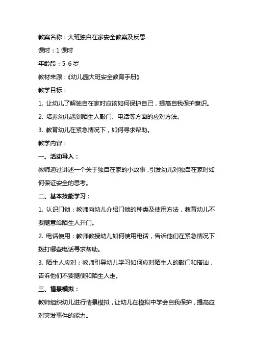 大班独自在家安全教案及反思