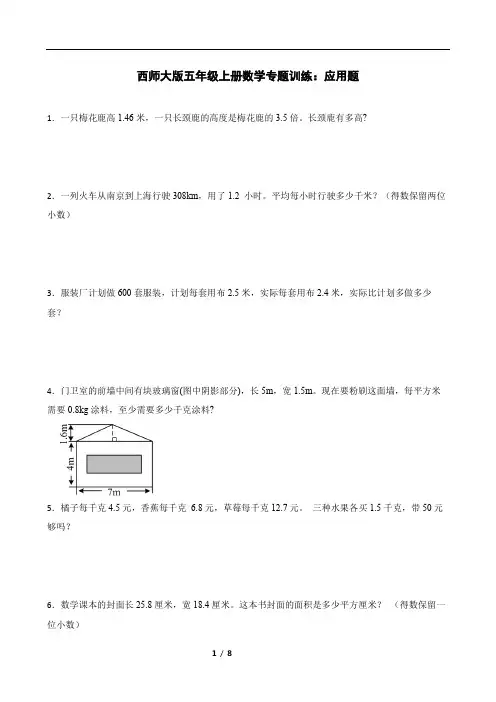 西师大版五年级上册数学专题训练：应用题
