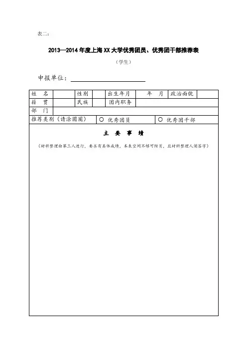 优秀团员、优秀团干部推荐表(学生)