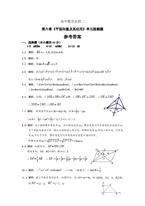 高一数学第六章《平面向量及其应用》单元检测题答案