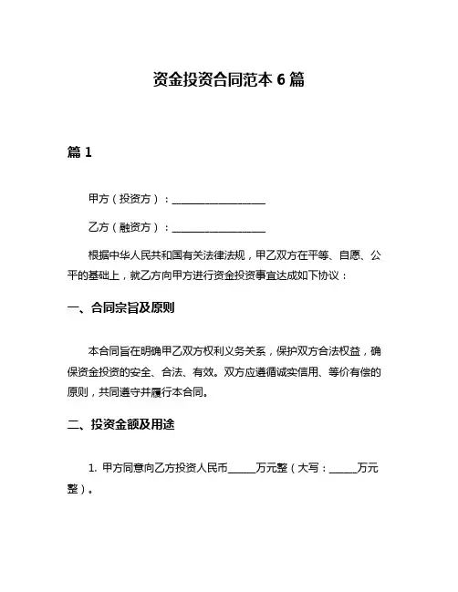资金投资合同范本6篇