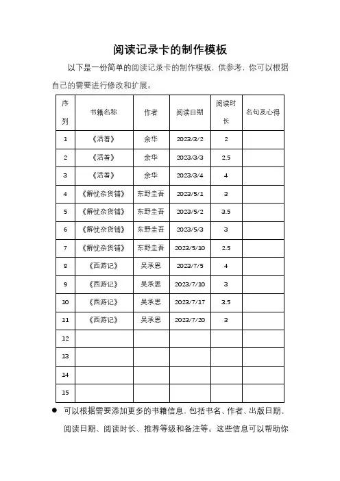 阅读记录卡的制作模板
