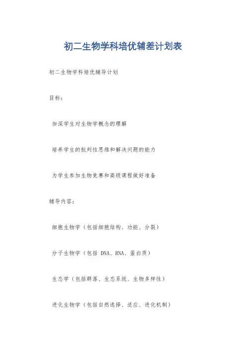 初二生物学科培优辅差计划表